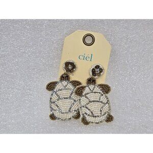 Ciel Handmade Beaded Turtle Earrings Rhinestones Statement Jewelry Gold White